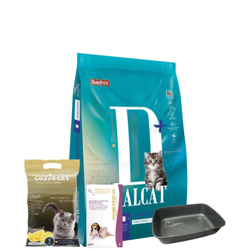 Alimento Dalcat Kitten de 10 Kg+ Pipeta Revolution Cachorro Hasta 2,5 Kg+ Arena Aglomerante 20 Kg Limon+ Bandeja Sanitaria Color Gris