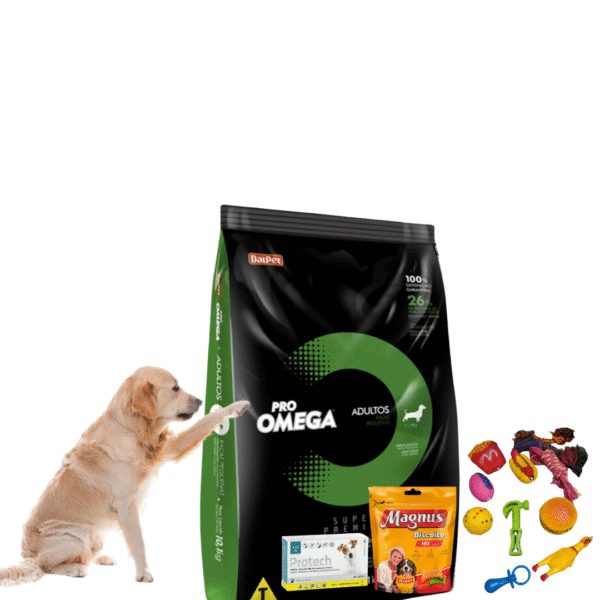 Alimento Omega Adulto Raza Pequeña 10 Kg+Galletas Magnus 1 Kg+Juguete Con Chifle+Pipeta Protech De 5-10 Kg