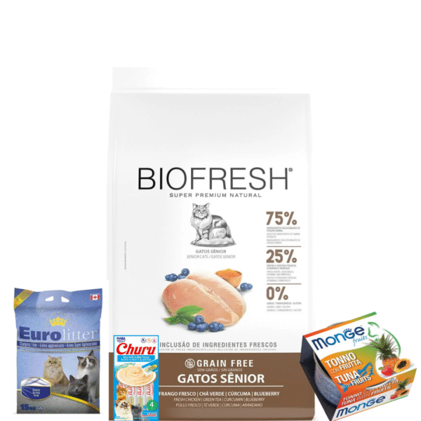 Alimento Biofresh Para Gato Senior Sabor Pollo 7,5 kg+Churu de Atun Y Vieiras+Lata Monge Atun Con Frutas 80 Grs+Arena Euro Litter 15 Kg