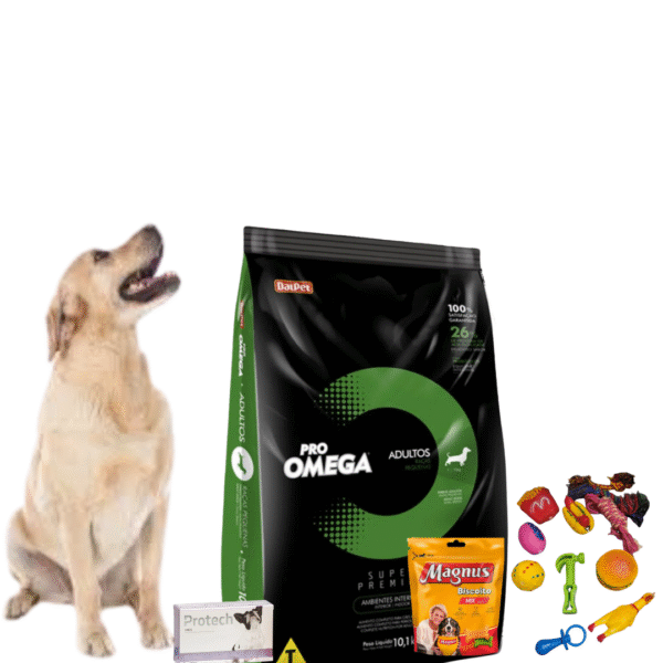 Alimento Omega Adulto Raza Pequeña 10 Kg+Galletas Magnus 1 Kg+Juguete Con Chifle+Pipeta Protech De 11-25 Kg