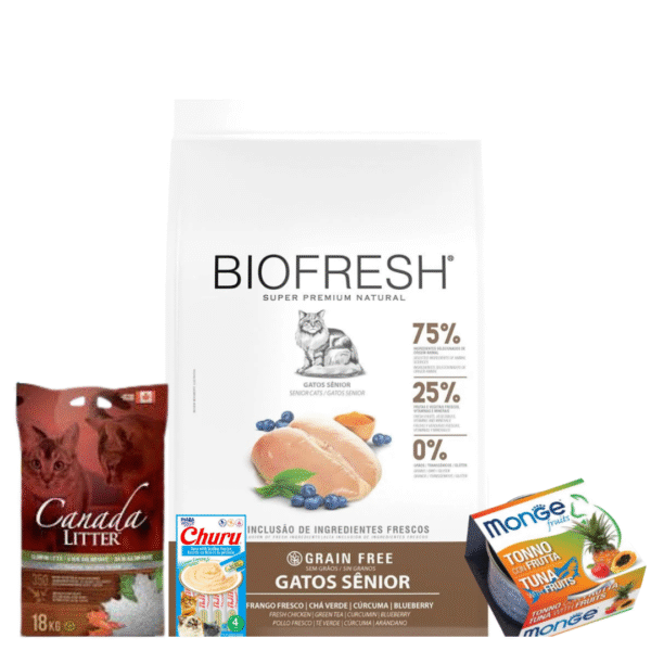 Alimento Biofresh Para Gato Senior Sabor Pollo 7,5 kg+Churu de Atun Y Vieiras+Lata Monge Atun Con Frutas 80 Grs+Arena Canada Litter 18 Kg