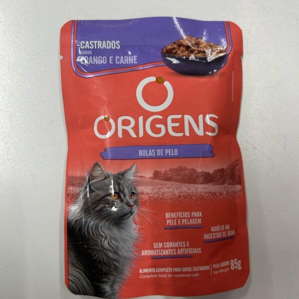 Sobre Alimento humedo origens Gato Castrado Sabor Pollo Y Carne Bola De Pelo 85 Grs
