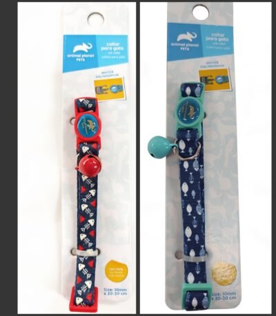 Collar Para Gatos Diseño Peces Color Azul Cuello 20-30 Cm Abre Facil
